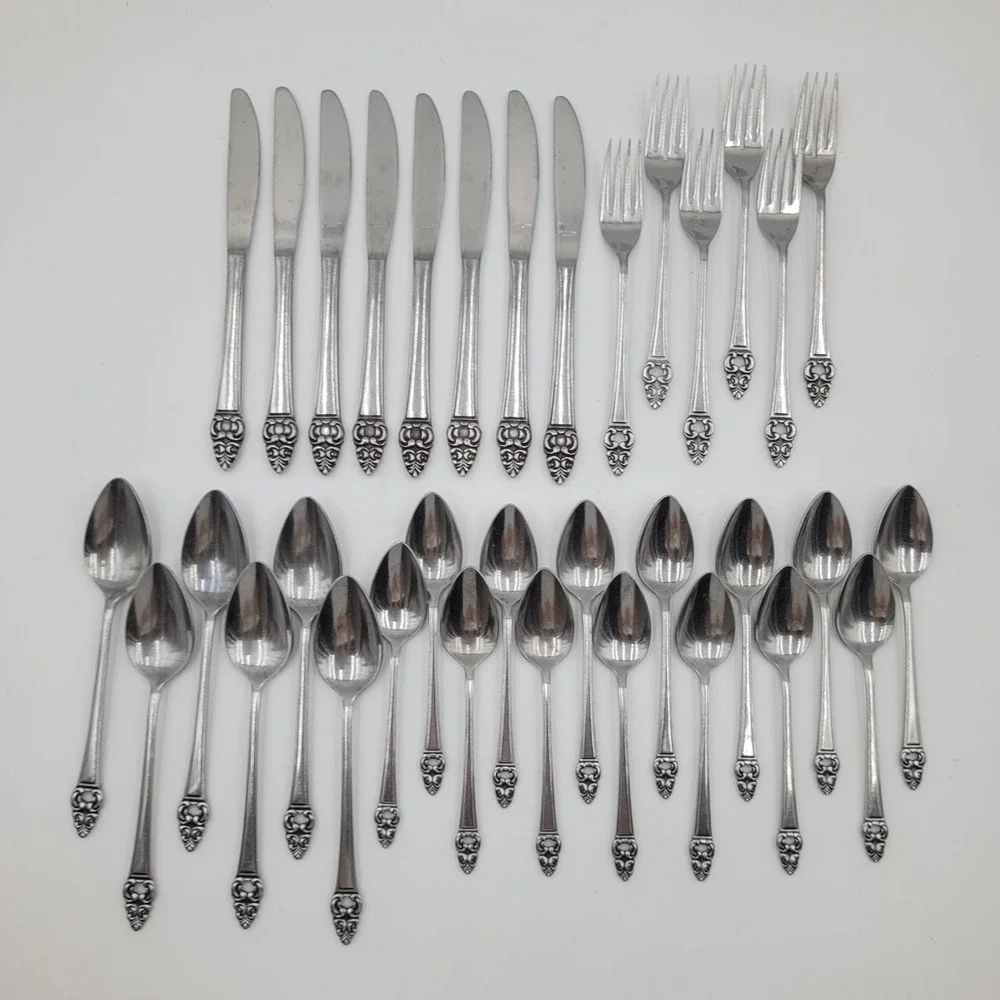 34pc Erica Erika Pattern Stainless Japan Flatware Set Knives Forks Spoons Ornate